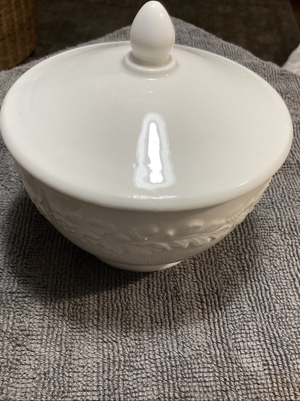 Martha Stewart White Covered Ceramic Sugar Bowl with Floral Embossing